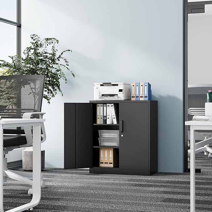 Metal Storage Cabinet-36” Tall Steel File Cabinets with Lockable Doors and Adjustable Shelves-Black Steel Storage Cabinet for Home, School, Office, Garage