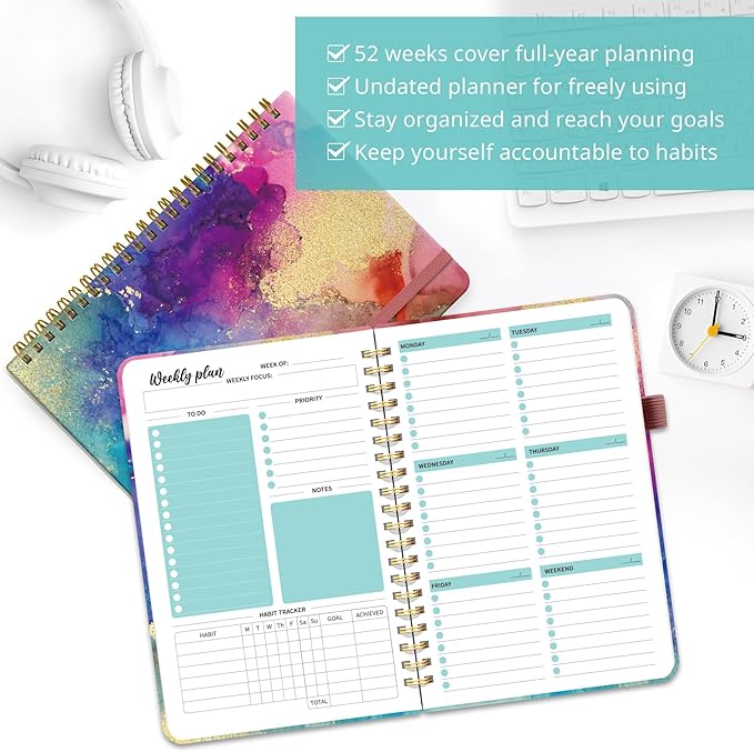 Undated Weekly Planner, Weekly To Do List Notebook with Goal & Habit Tracker Organizer, A5 Weekly Planner Notebook with Spiral Binding, 6.1" x 8.2" - Color Splash