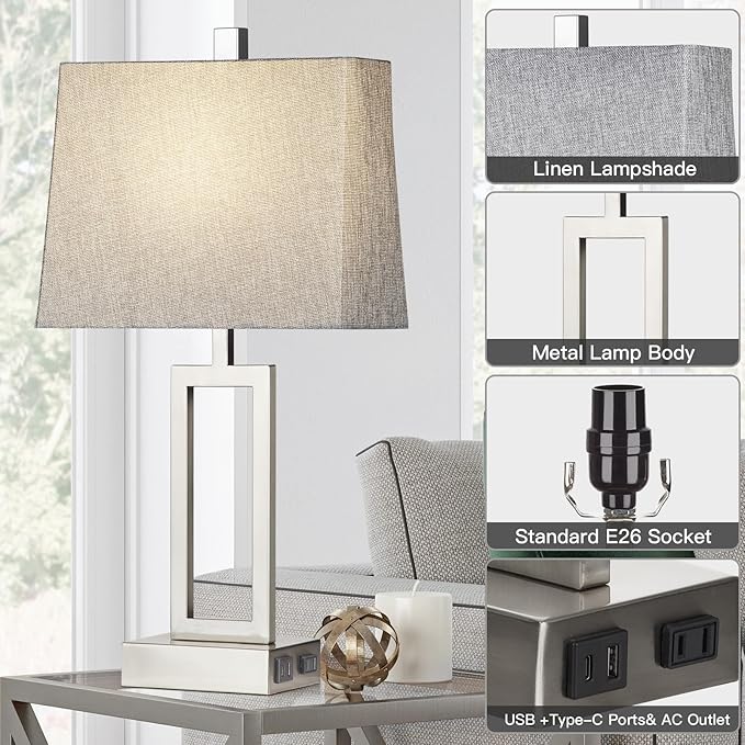 Touch Control Table Lamps Set of 2, Modern Silver Bedside Lamps with USB A+C Ports & AC Outlet, 3 Way Dimmable Contemporary Nightstand Lamps for Bedroom Living Room(LED Bulb Included)