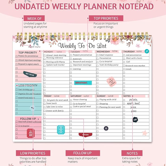 Weekly To Do List Notepad with 52 Undated Sheets, 8.5"×11" Week Desk Planner Undated Weekly Planner with Spiral Bound for Women & Man Home School and Work, Pink