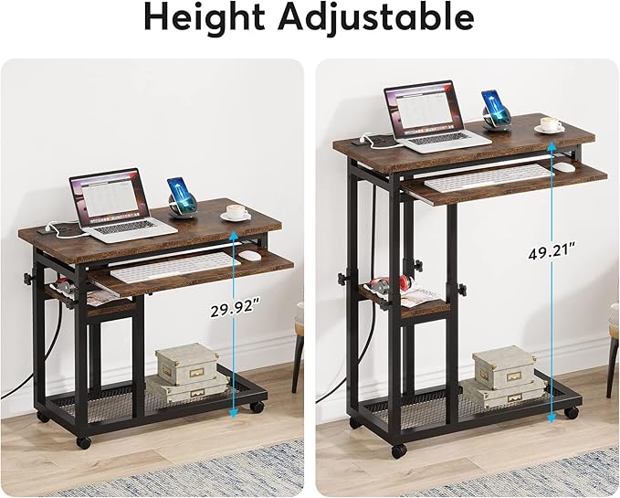 Tribesigns Small Portable Desk with Power Outlet, Height Adjustable Sofa Couch Bedside Laptop Table with Wheels, Mobile Standing Desk Rolling Computer Cart C Side Table with USB Ports
