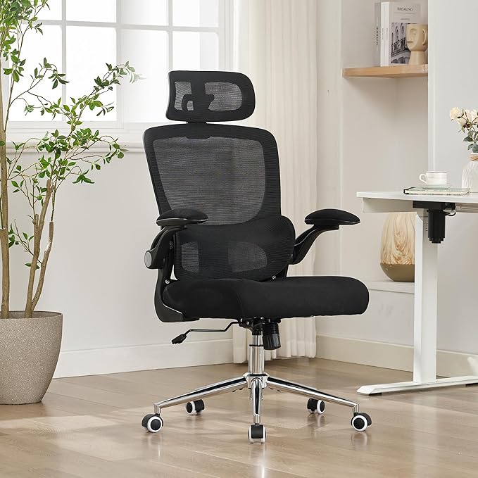 Ergonomic Office Chair,Home Mesh Office Desk Chairs,High Back Chair 330 LBS,Swivel Computer Task Chair with Adjustable Lumbar Support,Up&Down Flip-Up Arms,Rocking Function (Black)