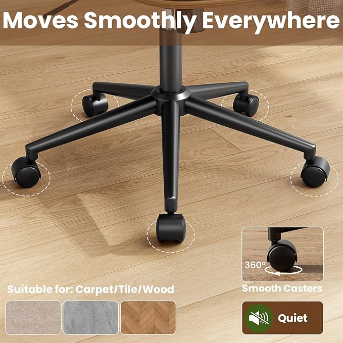 Home Office Chair with Wheels, Armless Desk Chair Adjustable Height with Lumbar Support, Swivel Rolling, Modern Walnut Backrest for Office, Small Space, Black, Lozenge Pattern