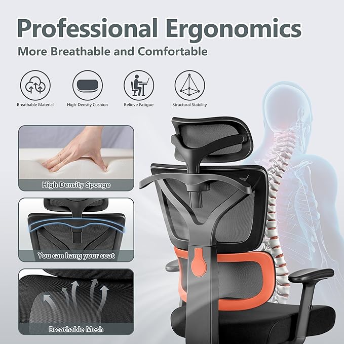 Winrise Office Desk Chair - Ergonomic High Back Reclining Gaming Chair with Breathable Mesh, Lumbar Support, Adjustable Armrests (Big and Tall - Orange)