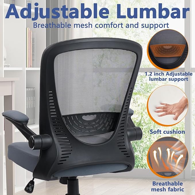 CLATINA Desk Chairs with Wheels, Ergonomic Rolling Mesh Office Chair Adjustable Height and Lumbar Support Home Office Computer Chair with Flip Up Armrests, Grey 2PK