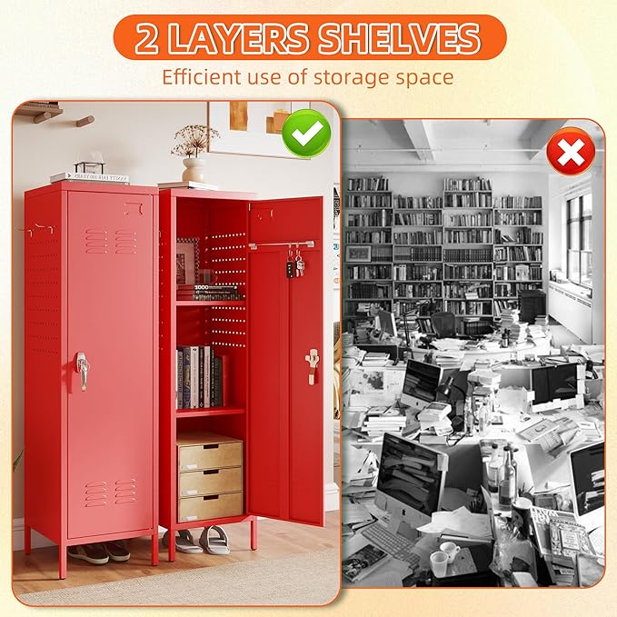 Metal Storage Locker with Pegboard and Hooks,Metal Locker for Employees with Handle and Hanging Rod for Gym, School, Office,Home,Garage,Assembly Required,Red