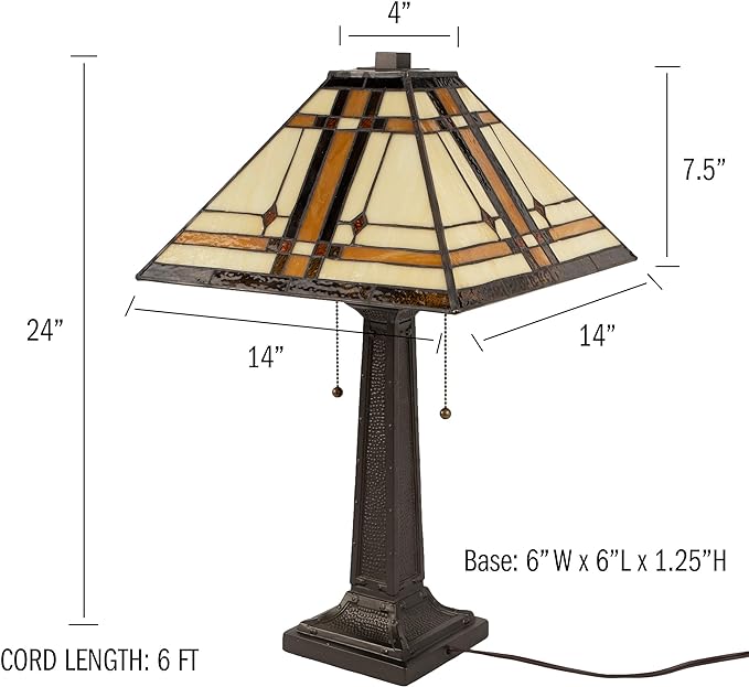 Lavish Home Tiffany-Style Table Lamp – Mission-Design Art Glass Lighting with 2 LED Bulbs Included – Vintage-Look Handcrafted Room Décor