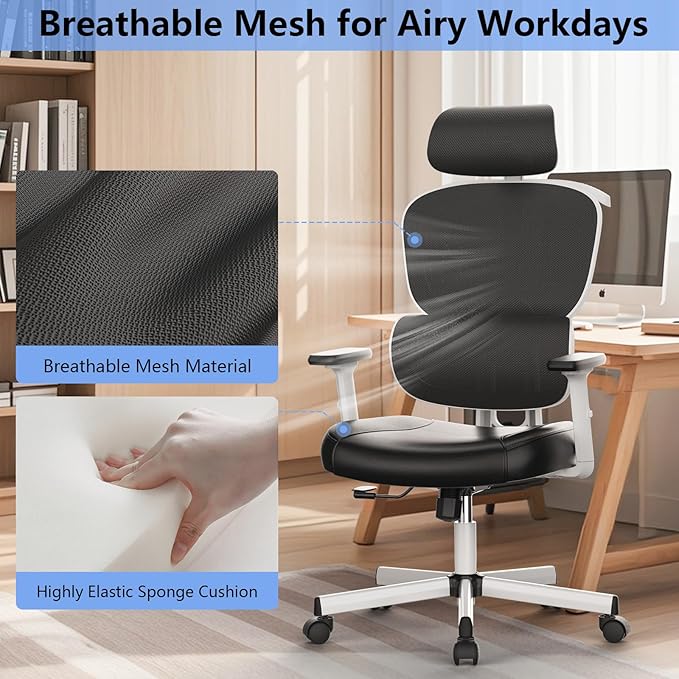 Office Chair, Ergonomic Desk Chair, High Back Desk Chair, Big and Tall Reclining Comfy Home Office Chair with Lumbar Support Breathable Mesh Computer Chair Adjustable Armrests