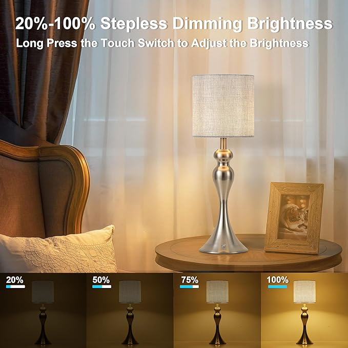 Table Lamp for Bedroom, Cordless Bedside Lamps for Living Room, Touch 3-Way Dimmable Desk Lamp for Night Stands, Rechargeable, Battery Operated Lamp with Fabric Shade for Dorm, Home Office (Nickel)