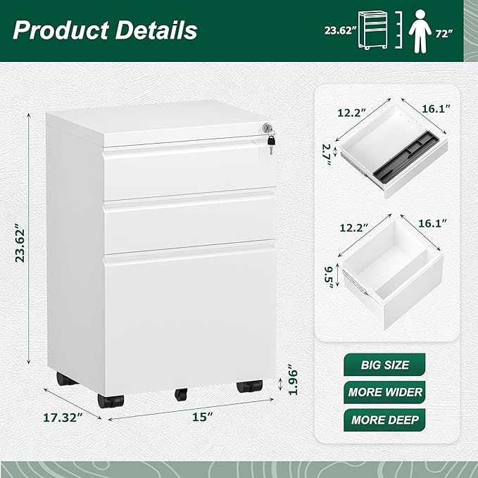 Superday File Cabinet 3 Drawer, Metal Rolling Vertical Filing Cabinet with Wheels, Small Under Desk File Cabinets for Home Office (White)