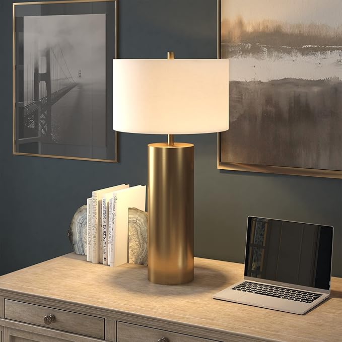 Henn&Hart 29.5'' Mid-Century Modern 1-Light Table Lamp with White Fabric Drum Shade for Living Room, Bedroom, or Office, Brass