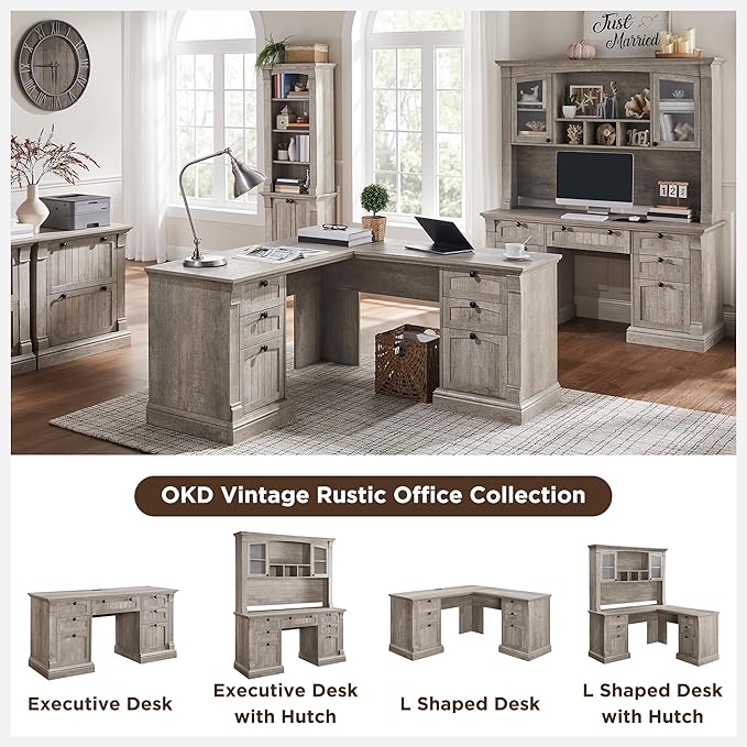 OKD 60" L Shaped Executive Desk with Hutch and Drawers, Farmhouse Home Office Desk with Charging Station, File Cabinet Storage, Wood Corner Computer Desk for Work and Study, Light Rustic Oak