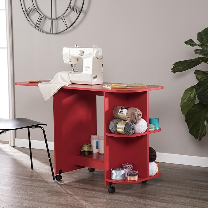 SEI FURNITURE Southern Enterprises Expandable Rolling Sewing Station Craft Table, Red