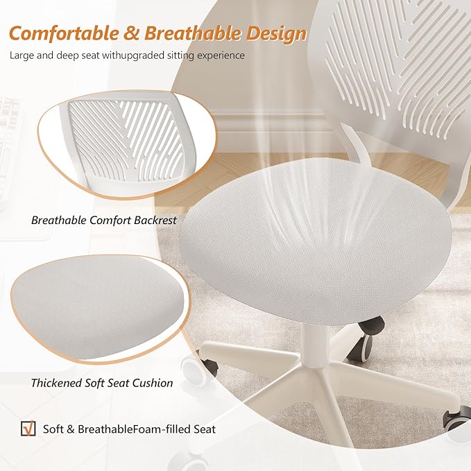 Armless Desk Chair, Height Adjustable Swivel Office Rolling Task Chairs with Soft Mesh Padded Cushion, Ergonomic Small Study Computer Chair for Girls Boys Teens (White, 4PCS)