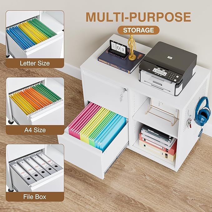 Lateral 2 Drawer Filing Cabinet with Lock, Mobile File Cabinet on Wheels, Printer Stand with Storage for Legal/Letter/A4 File Folders(White)