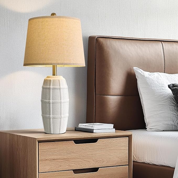 PORTRES 25.5" Ceramic Table Lamps for Bedroom Living Room Modern Lamp Bedside Nightstand Lamp Farmhouse Rustic Boho Retro Vintage Table Lamp Light Home Office Desk Deco Gifts, White