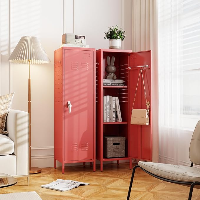 Metal Storage Locker with Pegboard and Hooks,Metal Locker for Employees with Handle and Hanging Rod for Gym, School, Office,Home,Garage,Assembly Required,Red