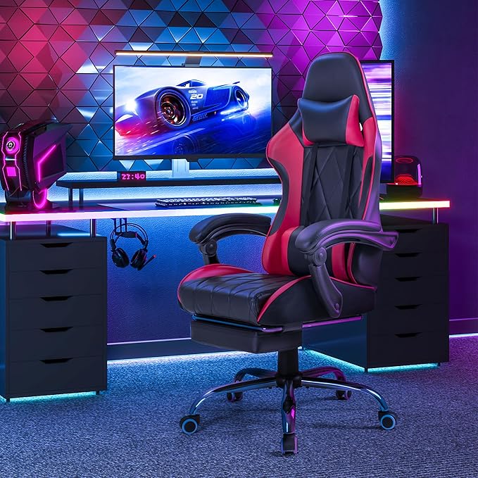Homall Gaming Chair, Computer Chair with Footrest and Massage Lumbar Support, Ergonomic High Back Video Game Chair with Swivel Seat and Headrest (Red)