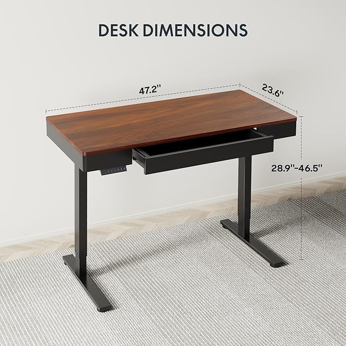 SANODESK Electric Standing Desk with Drawer, 48 x 24 inch Height Adjustable Computer Desk, Home Office Stand Up Desk with 4 Preset Heights, Dark Walnut