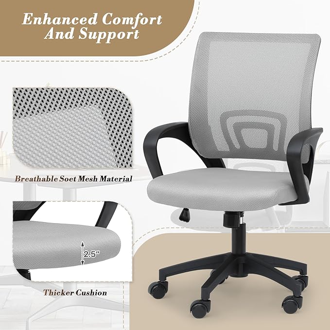 Athena Collection Computer Office Chair, Ergonomic Desk Chair with Rolling Wheels, Mesh Back Support and Height Adjustable, Small and Comfy for Home Office, Study, Light Grey