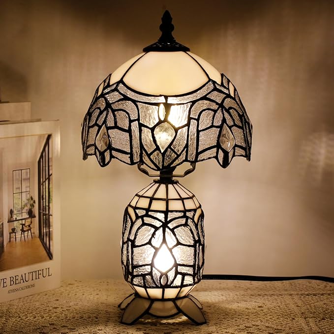 Small Tiffany Lamp Stained Glass Table Lamp Mini Mother Daughter Vase Desk Accent Light for Bedroom Bedside Reading Home Antique Style Decor 8X14 Inches (White)