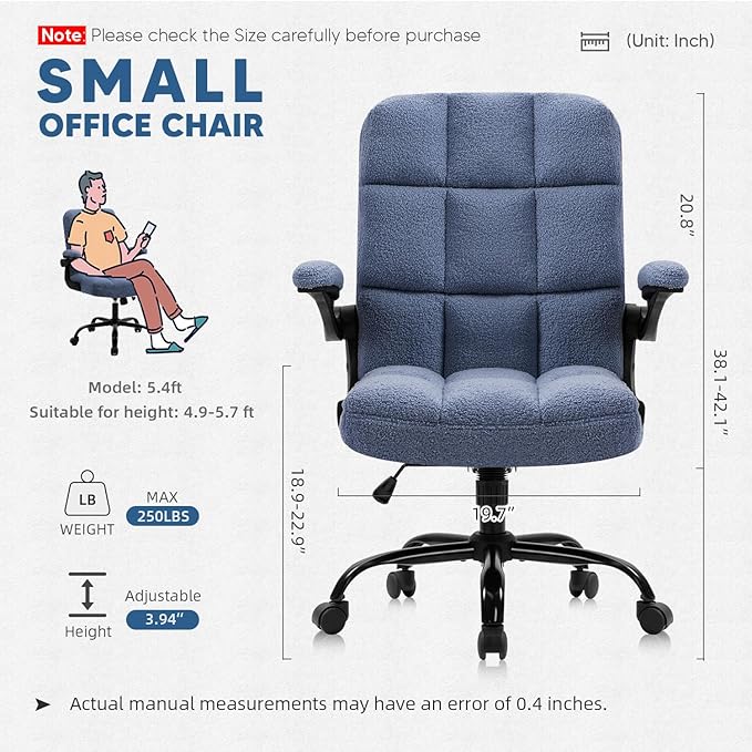 SEATZONE Blue Office Chair with Wheels,Ergonomic Home Office Computer Chair with Flip-up Armrest,Comfy Adjustable Rolling Chair Teddy Fleece