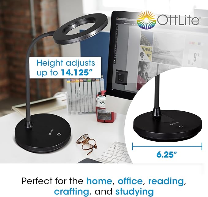 OttLite Vibe LED Ring Light, Rechargeable and Portable, 3 Color Temperatures, Book Light, Table Lamp Reading, Work, Desk Lamp for Home Office or Bedside