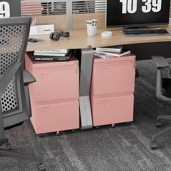 2 Drawers Metal File Cabinet with Lock, Under Desk Mobile Filing Storage Cabinet with Business Card Slot for Letter/Legal/F4/A4 Size Folders,Required Assembly,14.57"W x 17.36"D x 25.79"H,Pink