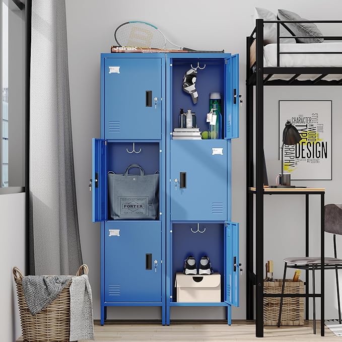 Metal Locker with Hooks and Ventilation Holes,Metal Storage Locker with Keys and Business Card Slof for Home,Gym,Garage,School,Office,66" H×15.75" W× 15.75" D,Assembly Required,Blue