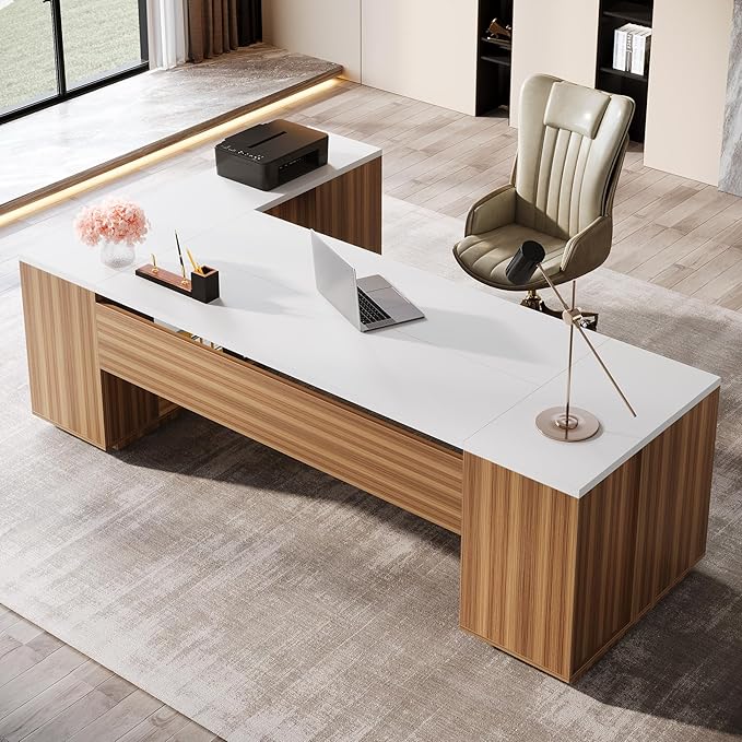 Tribesigns 85.8-Inch L-Shaped Executive Office Desk with File Drawers & Storage Cabinet, Professional Corner Computer Desk Extra Large Business Workstation with Adjustable Shelves (White&Walnut)