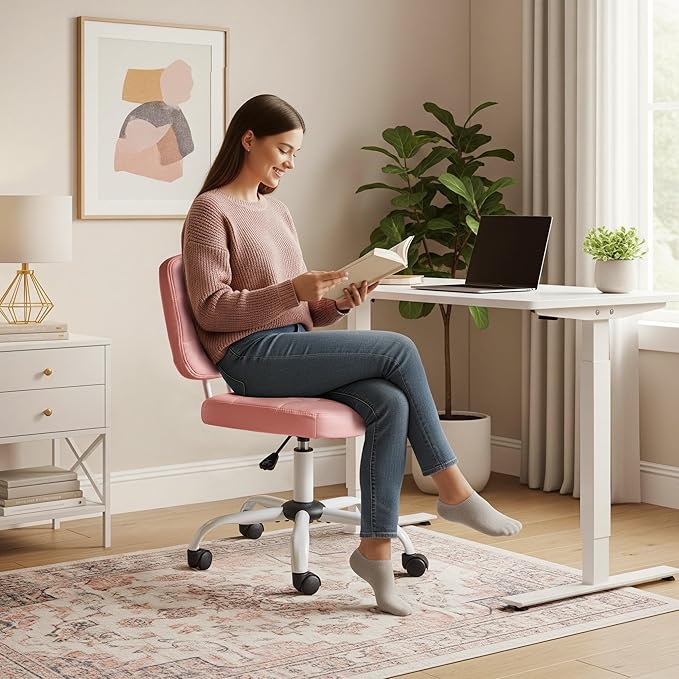 VINGLI Compact Small Desk Chair, Cute Armless Chair with Wheels, Vanity Chair with Low Back, Height Adjustable Task Chair for Small Spaces, Office, Bedroom, Make Up Room, PU Leather, Pink