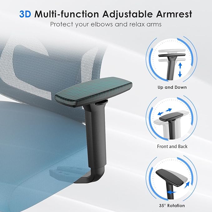 Soohow Ergonomic Office Chair,Mesh Desk Chair with Adjustable Lumbar Support and Headrest,Comfy Computer Chair with 3D Armrest Recling Swivel Chair for Home, Office, Study Room, Black & Navy