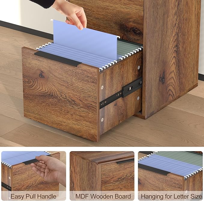 LUCYPAL 2-Drawer Wood File Cabinet,Wooden Drak Brown File Cabinets for Letter Size,Under Desk Filing Cabinet for Home Office,Assembly Required
