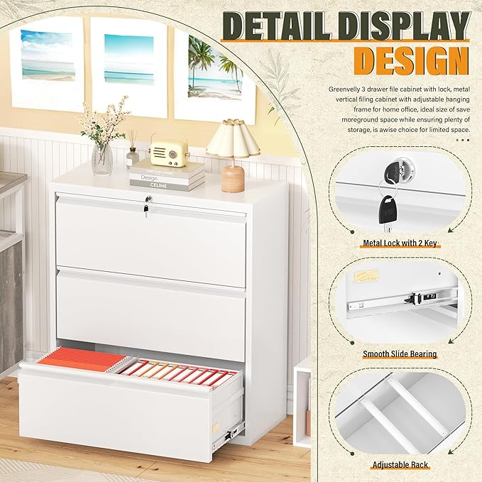 Greenvelly 3 Drawer Lateral File Cabinet with Lock, White Filing Cabinet for Home Office, Locking Metal File Cabinet for Legal/Letter/A4/F4 Size with Hanging Bars&Key