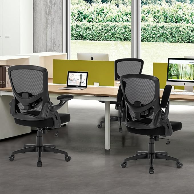 Office Chair, Ergonomic Computer Desk Chair with Adjustable Lumbar Support Comfy Breathable Mesh Chair with Flip-up Arms, Mid Back Swivel Executive Task Chair for Home Office 300lbs, Black