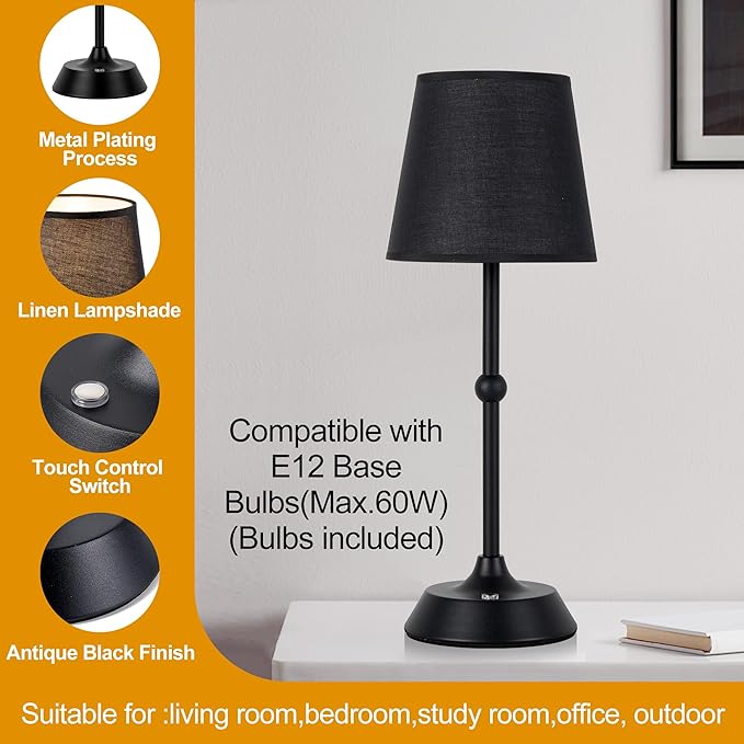 LED Cordless Black Table Lamp Portable Dimmable Desk Lamp 6000mA Battery Powered Touch Control Table Lamp Dining Room,Bedroom,Bar,Camping,Balcony.