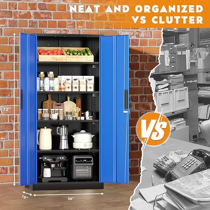 Greenvelly Metal Garage Storage Cabinet with 2 Doors and 4 Adjustable Shelves, 72" H Steel Lockable Storage Cabinet,Tall Metal Cabinet Locking File Cabinet for Office,Home, Garage, Gym, School