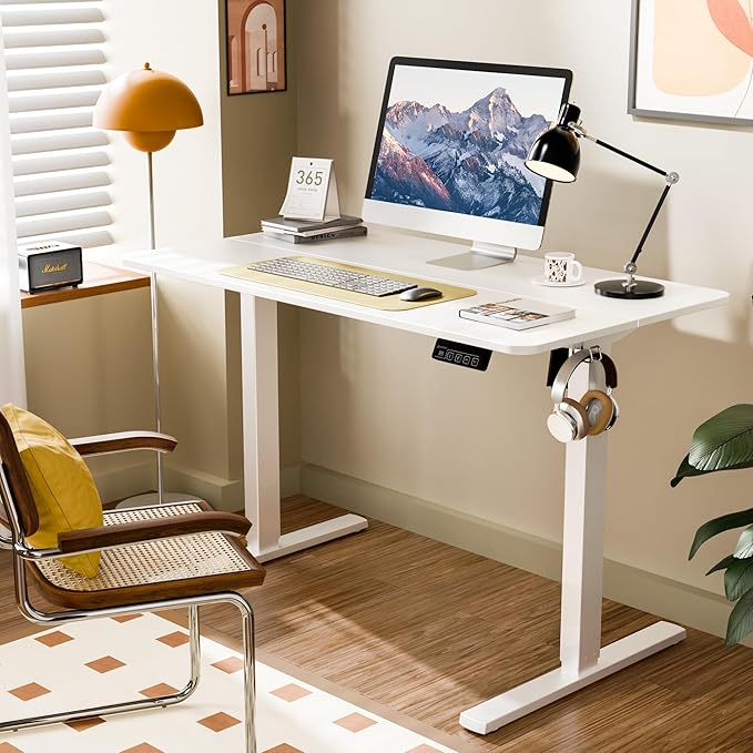 ERGOMAKER Electric Standing Desk, 43.3" x 23.6" Height Adjustable Sit Stand Desk with Splice Board for Home Office, Computer Desk Memory Preset (White Frame, White Desktop)