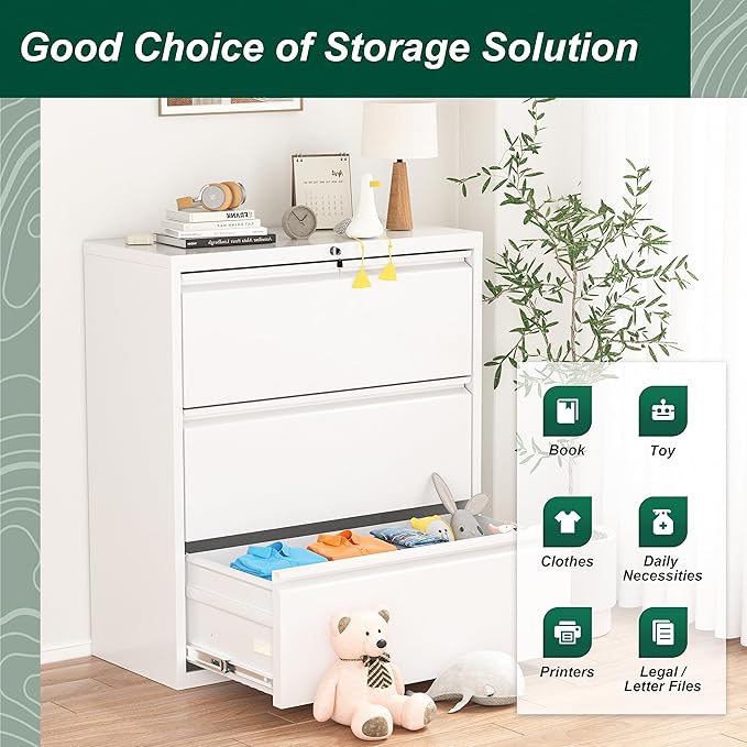 Superday Lateral File Cabinet 3 Drawer, White Filing Cabinets with Lock, Locking Metal File Cabinets Three Drawer Filing Cabinet for Home Office/Legal/Letter/A4/F4 Home Office