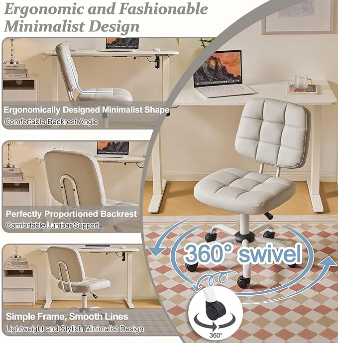 VINGLI Compact Small Desk Chair, Cute Armless Chair with Wheels, Vanity Chair with Low Back, Height Adjustable Task Chair for Small Spaces, Office, Bedroom, Make Up Room, PU Leather, Light Grey