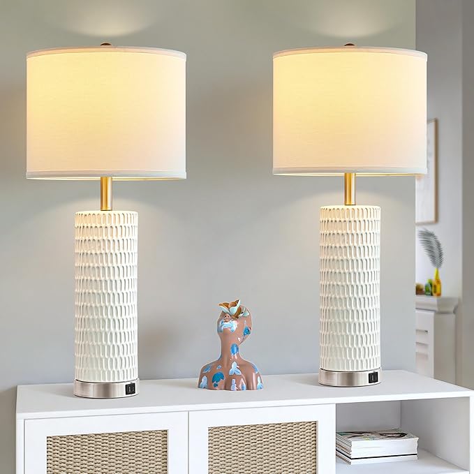 White Table Lamps Set of 2, 28" Ceramic Lamps for Living Room with USB C+A Ports, Touch Lamps for Nightstand, 2 Bulbs Included