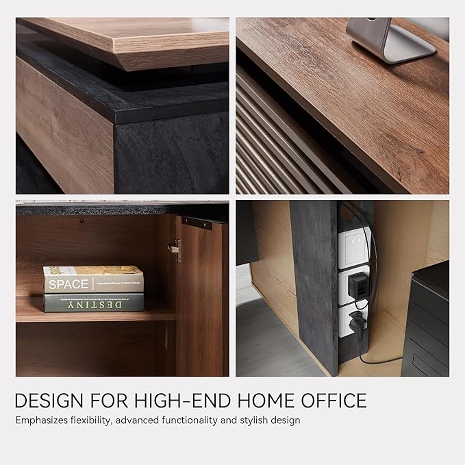 70.87IN Adjustable Heigh L Shaped Executive Desk with Drawers, Modern Executive Standing Home Office Desk w/Universal Charging Ports, Large Business Workstation w/Cord Management,Black and Warm Oak