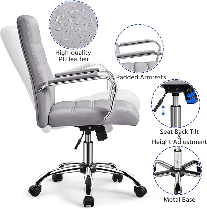 Yaheetech Mid-Back Office Chair with Arms Swivel PU Leather Height Adjustable Office Executive Chair, Light Gray