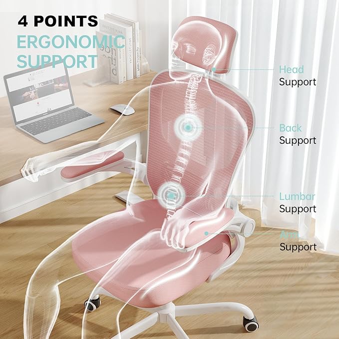 Office Chair Ergonomic Desk Chair, 330LBS Capacity, High Back Computer Chair for Long Hours Comfortable, Rolling Swivel Executive Task Chair for Home Office with Flip-up Armrests(White Pink)