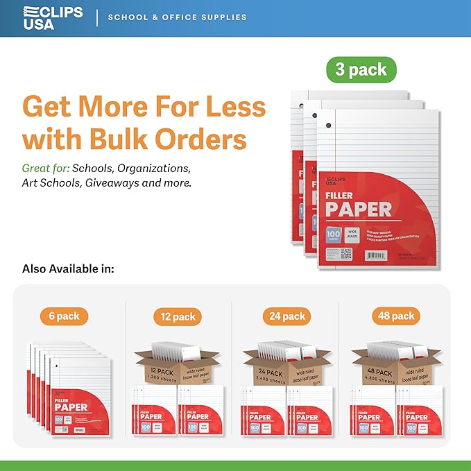 Notebook Paper, Loose Leaf Paper, Wide Ruled Paper, 10.5” x 8”, Filler Paper, 100 Sheets Per Pack, 60 gsm (3 Pack)