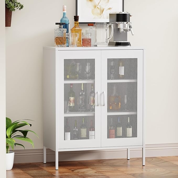 White Metal Storage Cabinet with Mesh Doors, Small Office Storage Cabinet with 2 Adjustable Shelves, Accent Metal Locker Storage Cabinet for Home, Office, Living Room, Hallway