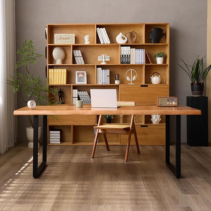 Stylish Solid Wood Office Desk with Sturdy Metal Base - Durable Executive Computer Desk or Dining Table in Multiple Sizes - Perfect for Home Office and Work Environments(Tan78.74in)