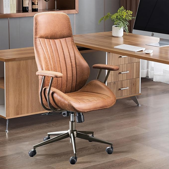 High Back Home Office Chair,Mid Century Modren Ergonomic Executive Chair,Lumbar Support Swivel Task Chair with Wheels,Computer Desk Chair Suede Fabric,350LBS (Brown)