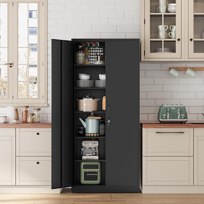 Metal Storage Cabinet-72” Tall Steel File Cabinet with Lockable Doors and Adjustable Shelves-Black Steel Storage Cabinet for Home, School, Office, Garage
