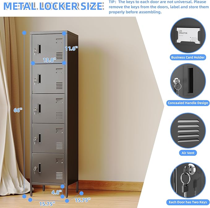 Metal Locker with Lock and Ventilation Holes,Metal Storage Locker with Business Card Slof for Home,Gym,Garage,School,Office,66" H x 15.8" W x 15.8" D Assembly Required,Black